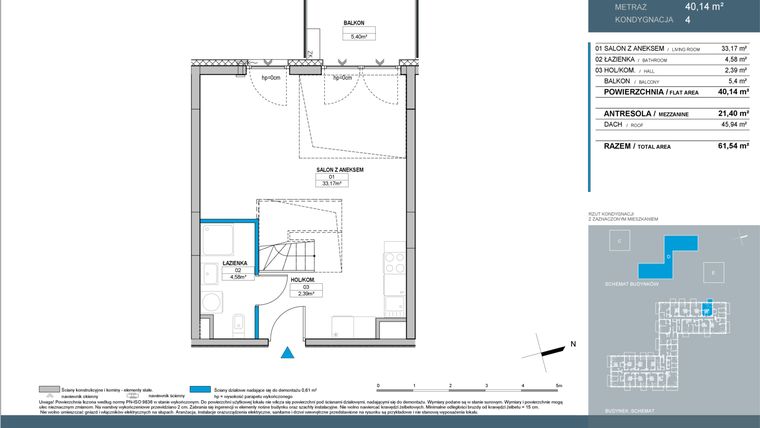 Rzut - Mieszkanie na sprzedaż 3 pokoje o powierzchni 61,54 m² - numer D2.4.07 w Nordic Bemowo - etap IV
