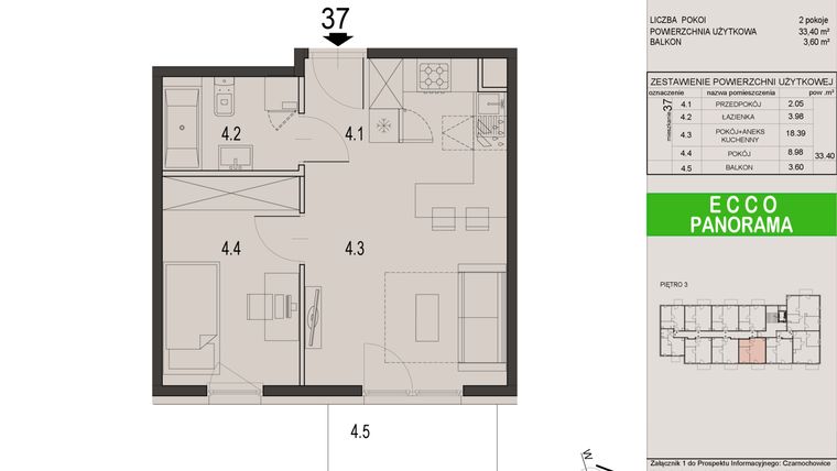 Rzut - Mieszkanie na sprzedaż 2 pokoje o powierzchni 33,4 m² - numer 37C w Ecco Panorama etap II budynki C, D