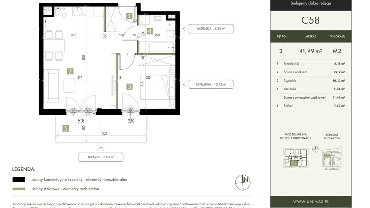 Rzut - Mieszkanie na sprzedaż 2 pokoje o powierzchni 41,49 m² - numer C58 w Quattro Ursynów