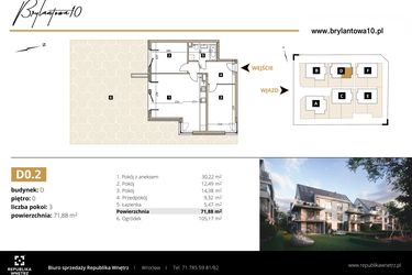 Rzut - Mieszkanie na sprzedaż 3 pokoje o powierzchni 71,88 m² - numer D0.2 w Brylantowa 10
