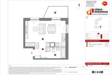 Rzut - Mieszkanie na sprzedaż 1 pokój o powierzchni 30,61 m² - numer 5.3.F.37 w Osiedle Górka Narodowa etap 5