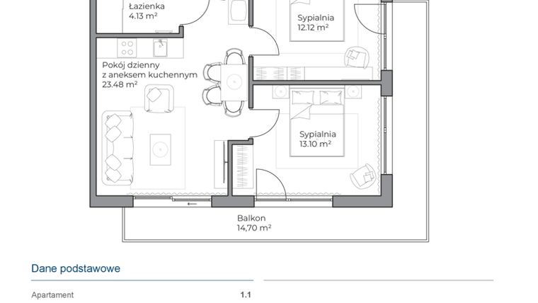 Rzut - Mieszkanie na sprzedaż 3 pokoje o powierzchni 52,83 m² - numer B.1.1 w Anchoria Holiday