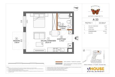 Rzut - Mieszkanie na sprzedaż 1 pokój o powierzchni 33,94 m² - numer A23 w Apartamenty Rusałki