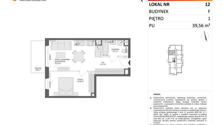 Rzut - Mieszkanie na sprzedaż 2 pokoje o powierzchni 39,67 m² - numer F.12 w Osiedle Synteza etap IV