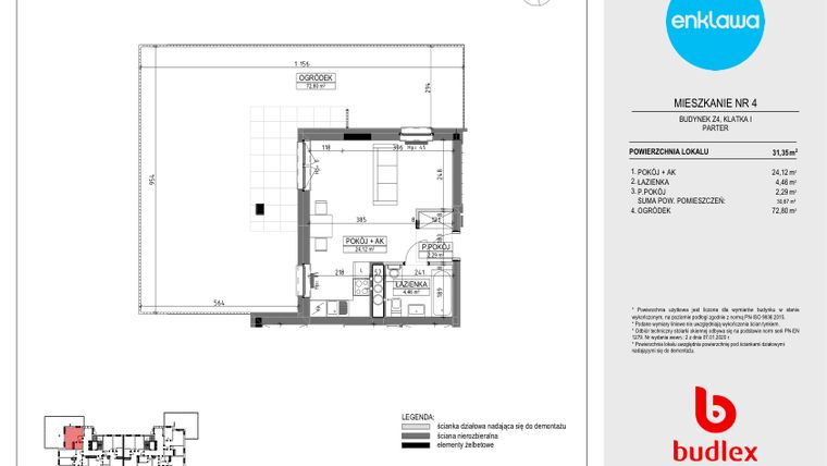 Rzut - Mieszkanie na sprzedaż 1 pokój o powierzchni 31,35 m² - numer Z4.4 w Enklawa Apartamenty Z4 i Z5