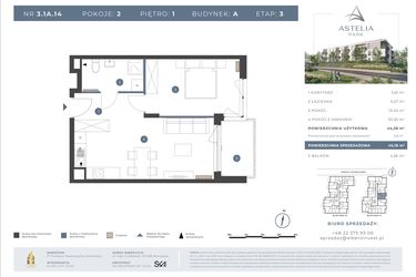 Rzut - Mieszkanie na sprzedaż 2 pokoje o powierzchni 44,38 m² - numer 3.1A.14 w Astelia Park etap 1A i 3