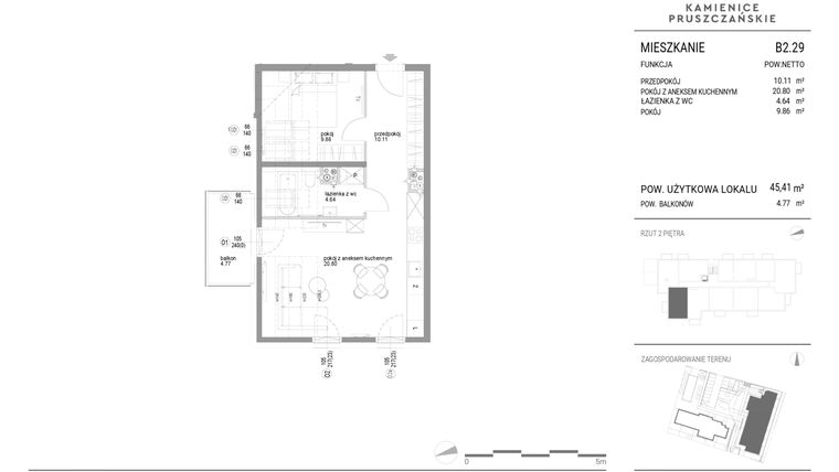 Rzut - Mieszkanie na sprzedaż 2 pokoje o powierzchni 45,41 m² - numer B2.29 w Kamienice Pruszczańskie