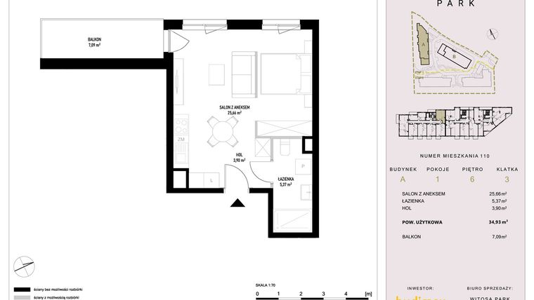 Rzut - Mieszkanie na sprzedaż 1 pokój o powierzchni 34,93 m² - numer A110 w Witosa Park
