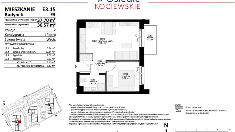 Rzut - Mieszkanie na sprzedaż 2 pokoje o powierzchni 36,57 m² - numer E3.15 w Osiedle Kociewskie bud. E