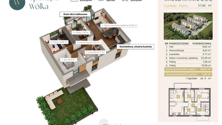 Rzut - Mieszkanie na sprzedaż 3 pokoje o powierzchni 57,66 m² - numer B3/2 w Spokojna Wólka etap IV
