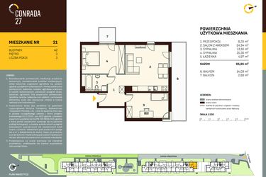 Rzut - Mieszkanie na sprzedaż 3 pokoje o powierzchni 65,85 m² - numer A2.31 w Conrada 27