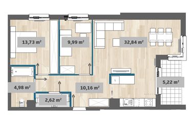 Rzut - Mieszkanie na sprzedaż 3 pokoje o powierzchni 74,38 m² - numer F1.A.01.02 w Sady Żoliborz
