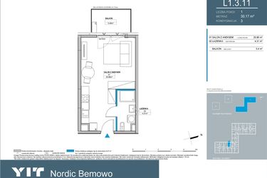 Rzut - Mieszkanie na sprzedaż 1 pokój o powierzchni 30,2 m² - numer L1.3.11 w Nordic Bemowo - etap III
