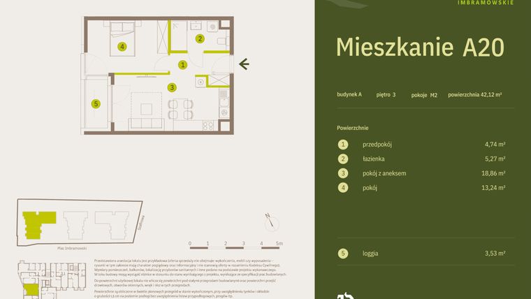 Rzut - Mieszkanie na sprzedaż 2 pokoje o powierzchni 42,12 m² - numer A20 w Osiedle Imbramowskie