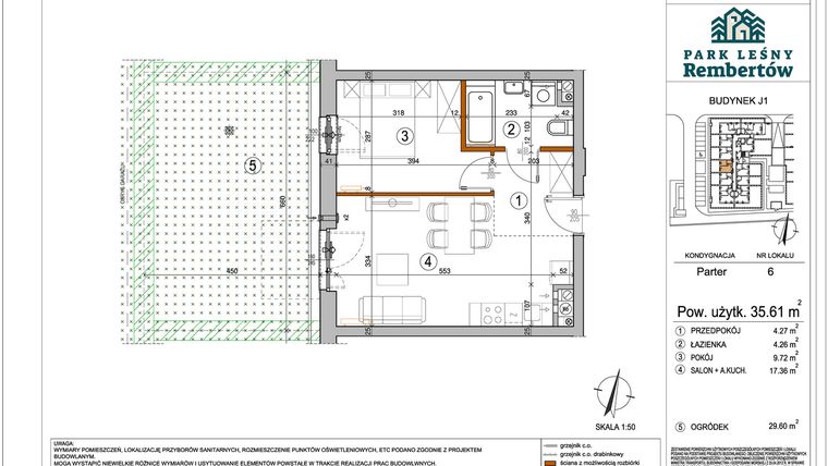 Rzut - Mieszkanie na sprzedaż 2 pokoje o powierzchni 35,61 m² - numer J1-6 w Park Leśny Rembertów etap VIII
