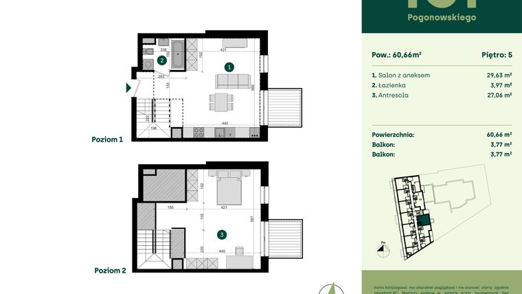 Rzut - Mieszkanie na sprzedaż 1 pokój o powierzchni 60,66 m² - numer POGO2/A/6A w Pogonowskiego 52