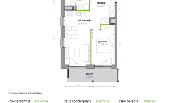 Rzut - Mieszkanie na sprzedaż 2 pokoje o powierzchni 45,45 m² - numer K1/3/20 w Piękna Vita