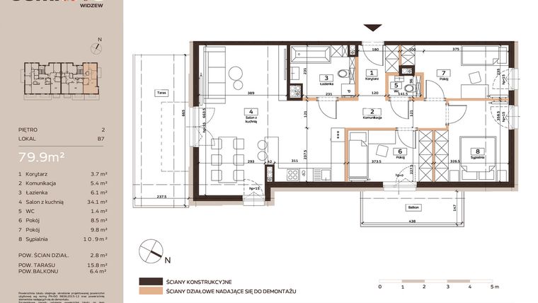 Rzut - Mieszkanie na sprzedaż 4 pokoje o powierzchni 79,9 m² - numer B7 w Domkove Widzew