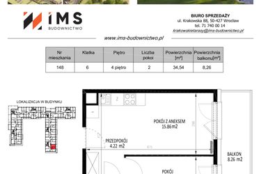 Rzut - Mieszkanie na sprzedaż 2 pokoje o powierzchni 34,52 m² - numer 148 w Krakowskie Tarasy etap V