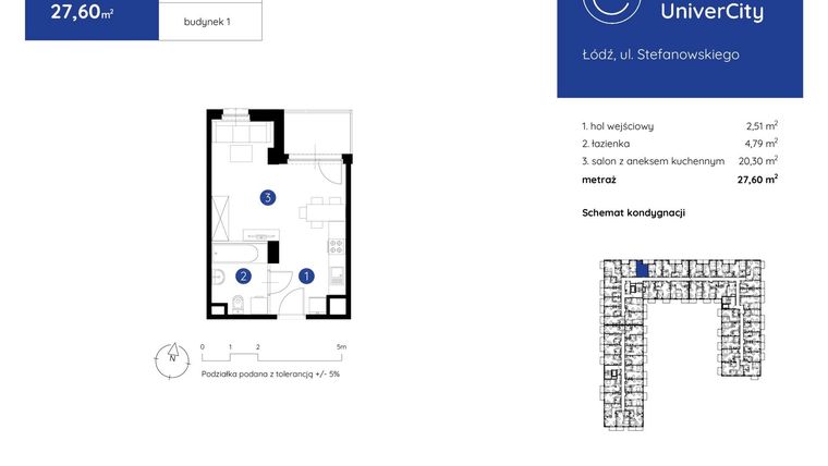 Rzut - Mieszkanie na sprzedaż 1 pokój o powierzchni 27,6 m² - numer 1.B.5.10 w Murapol UniverCity
