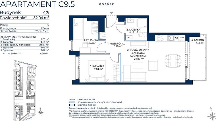 Rzut - Mieszkanie na sprzedaż 3 pokoje o powierzchni 51,15 m² - numer C9.5 w Sol Marina etap III
