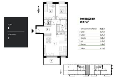 Rzut - Mieszkanie na sprzedaż 3 pokoje o powierzchni 69,97 m² - numer M.5 w Zielony Horyzont II