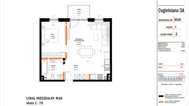 Rzut - Mieszkanie na sprzedaż 2 pokoje o powierzchni 53,62 m² - numer 18 w Osiedle StaLove etap II