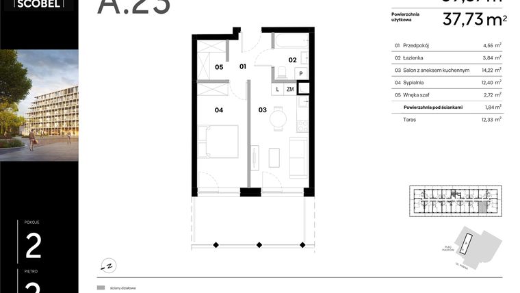 Rzut - Mieszkanie na sprzedaż 2 pokoje o powierzchni 39,57 m² - numer A.23 w Browar HUGO SCOBEL