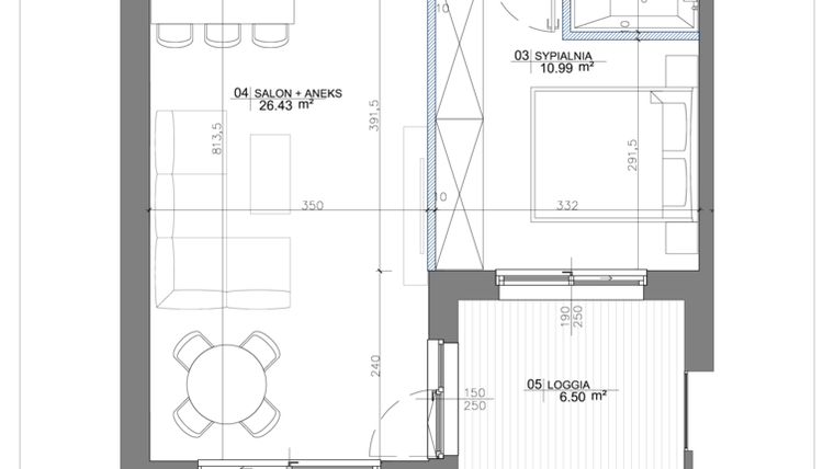 Rzut - Mieszkanie na sprzedaż 2 pokoje o powierzchni 46,75 m² - numer 3.08 w Apartamenty Potulickiego