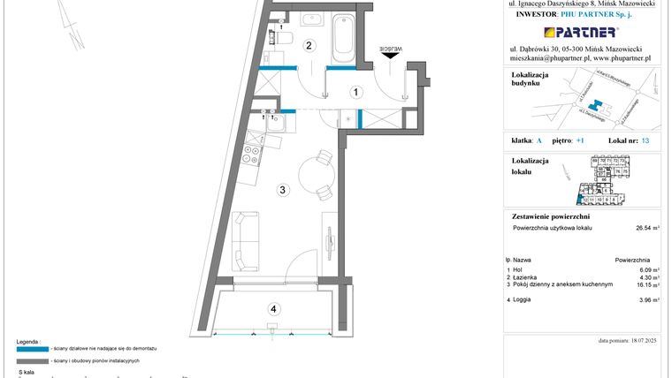 Rzut - Mieszkanie na sprzedaż 1 pokój o powierzchni 26,54 m² - numer A.1.13 w Daszyńskiego Square etap 1