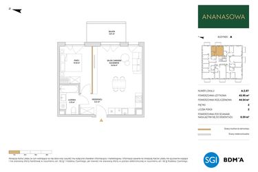 Rzut - Mieszkanie na sprzedaż 2 pokoje o powierzchni 44,54 m² - numer A.2.07 w Ananasowa