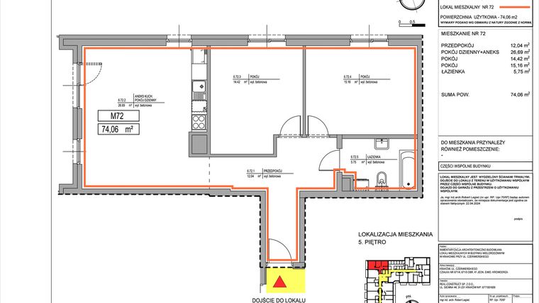 Rzut - Mieszkanie na sprzedaż 3 pokoje o powierzchni 74,06 m² - numer 3.72 w Czerwieńskiego 3