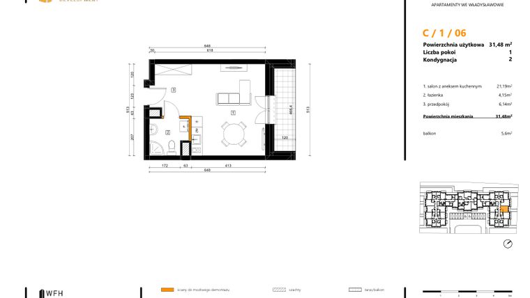 Rzut - Mieszkanie na sprzedaż 1 pokój o powierzchni 31,48 m² - numer C.1.06 w SPOT