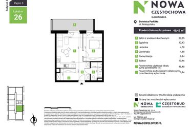 Rzut - Mieszkanie na sprzedaż 2 pokoje o powierzchni 49,42 m² - numer D26 w Nowa Częstochowa Małopolska etap II