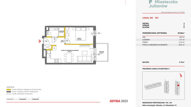 Rzut - Mieszkanie na sprzedaż 2 pokoje o powierzchni 39,32 m² - numer 181 w Miasteczko Julianów