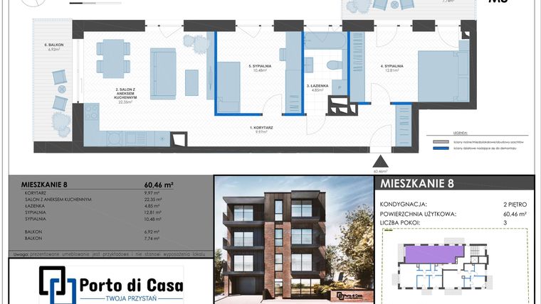 Rzut - Mieszkanie na sprzedaż 3 pokoje o powierzchni 60,46 m² - numer M8 w Porto di Casa - Twoja przystań