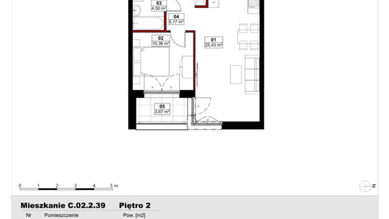 Rzut - Mieszkanie na sprzedaż 2 pokoje o powierzchni 45,46 m² - numer C02.2.39 w Skwer Witosa