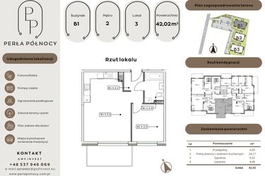 Rzut - Mieszkanie na sprzedaż 2 pokoje o powierzchni 42,02 m² - numer B1.2_3 w Perła Północy etap 2