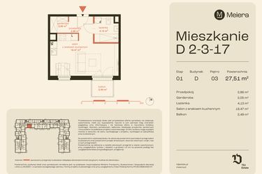 Rzut - Mieszkanie na sprzedaż 1 pokój o powierzchni 27,51 m² - numer D2-3-17 w Osiedle Meiera