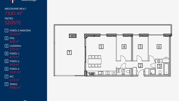 Rzut - Mieszkanie na sprzedaż 4 pokoje o powierzchni 73,61 m² - numer B2.M.6.7 w Tarasy Sobieskiego