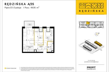 Rzut - Mieszkanie na sprzedaż 3 pokoje o powierzchni 49,06 m² - numer RD4A/A/35 w Rędzińska 4