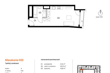 Rzut - Mieszkanie na sprzedaż 1 pokój o powierzchni 32,03 m² - numer A.A022 w Miasto Polskich Mistrzów Olimpijskich II