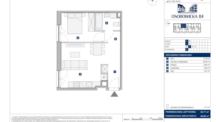 Rzut - Mieszkanie na sprzedaż 2 pokoje o powierzchni 39,77 m² - numer A.8 w Osobowicka 114