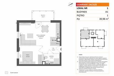 Rzut - Mieszkanie na sprzedaż 2 pokoje o powierzchni 39,98 m² - numer A1.1 w Gdańskie Zacisze