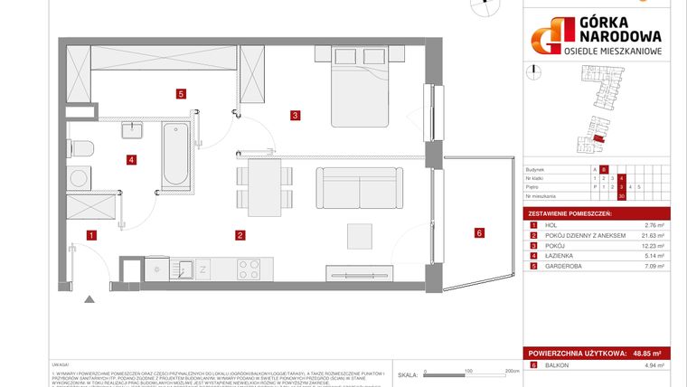 Rzut - Mieszkanie na sprzedaż 2 pokoje o powierzchni 48,51 m² - numer 5.1.B.30 w Osiedle Górka Narodowa etap 5