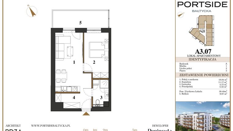 Rzut - Mieszkanie na sprzedaż 2 pokoje o powierzchni 39,48 m² - numer A3.07 w Portside Bałtycka