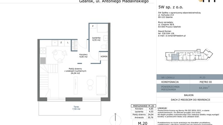 Rzut - Mieszkanie na sprzedaż 2 pokoje o powierzchni 64,2 m² - numer M20 w Madalińskiego