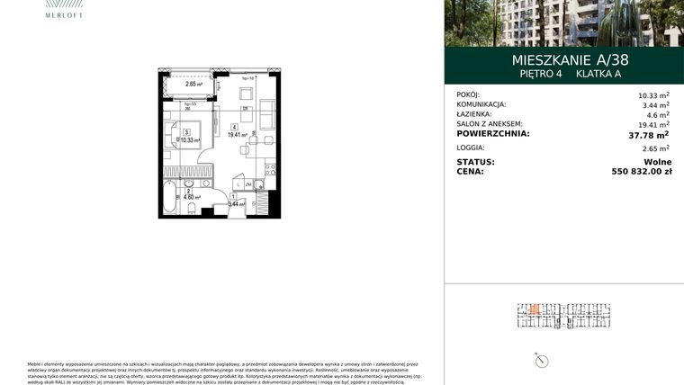Rzut - Mieszkanie na sprzedaż 2 pokoje o powierzchni 37,78 m² - numer A/38 w Merloft