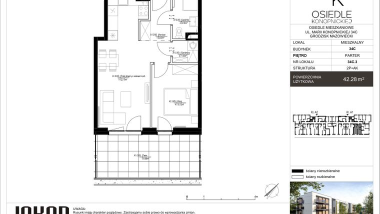 Rzut - Mieszkanie na sprzedaż 2 pokoje o powierzchni 42,28 m² - numer 34C.3 w Osiedle Konopnickiej