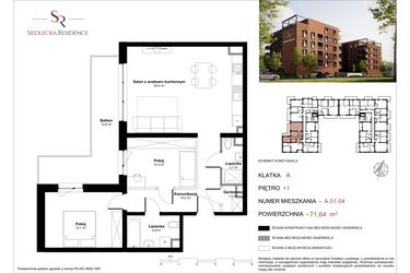 Rzut - Mieszkanie na sprzedaż 3 pokoje o powierzchni 72,98 m² - numer A-01-04 w Siedlecka Residence
